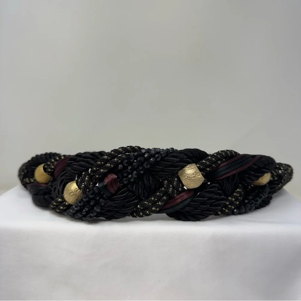 Vintage Braided Rope Belt Black Gold Beaded Statement Belt Boho